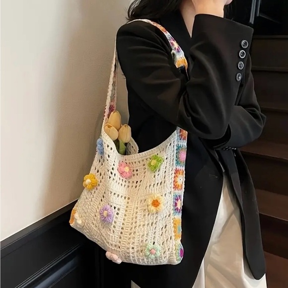 Crochet Flower Shoulder Bag, Knitted Crochet Bag, Granny Square Handbag - Picture 3 of 4
